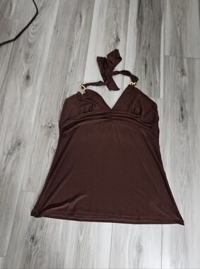 Y2k Dfa Brown Halter V-Neck Women's Top Sz L